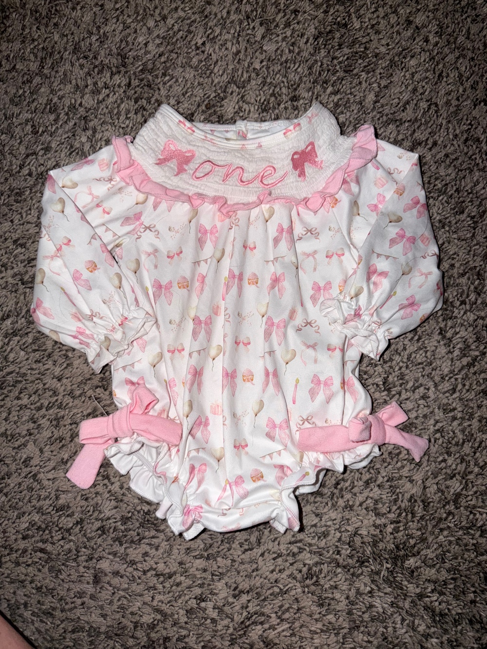 ‘ONE’ Smocked Romper with Bows